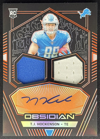 T.J. Hockenson 2019 Obsidian Rookie Jersey Ink Electric Etch Orange /75 Lions front