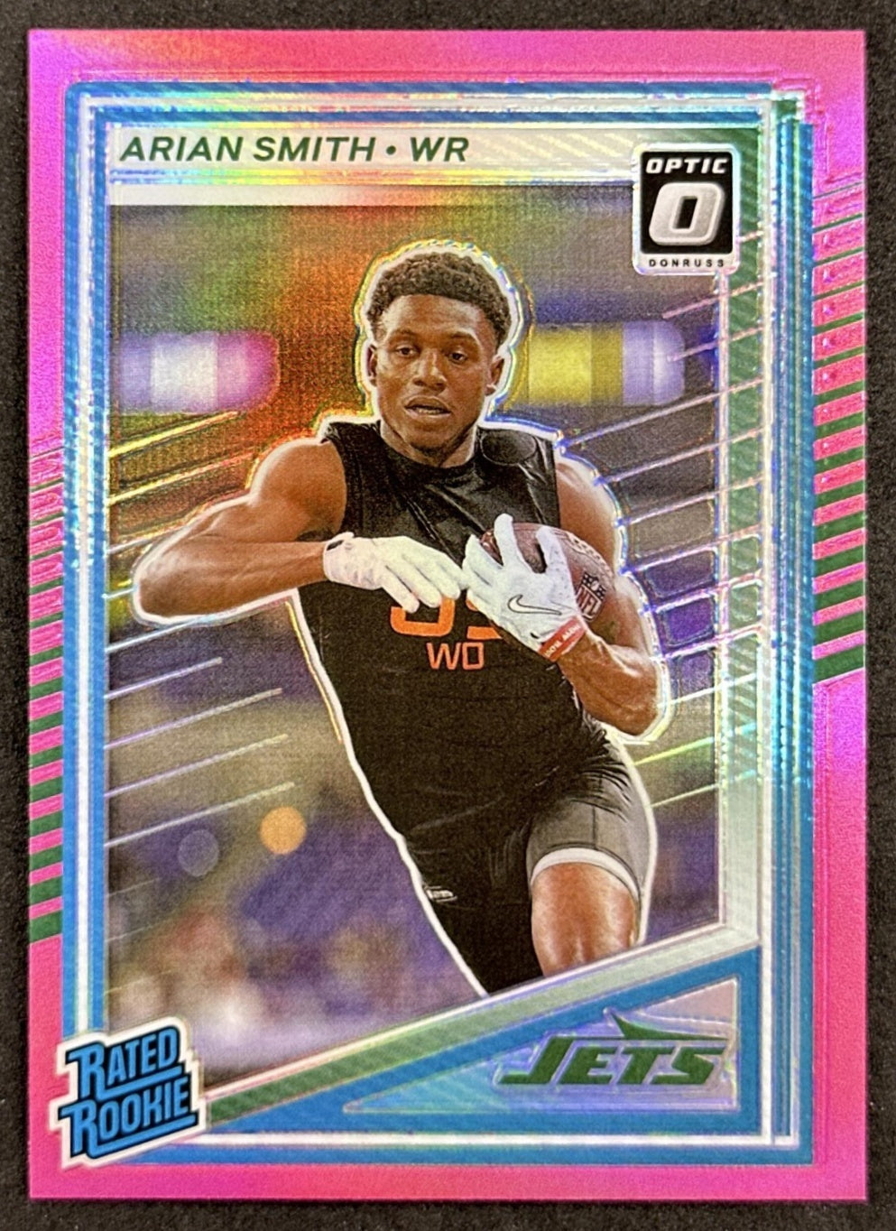 Arian Smith 2025 Panini Donruss Optic Rated Rookie Preview Pink Jets front sports trading card