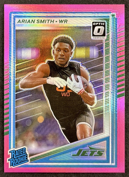 Arian Smith 2025 Panini Donruss Optic Rated Rookie Preview Pink Jets front sports trading card