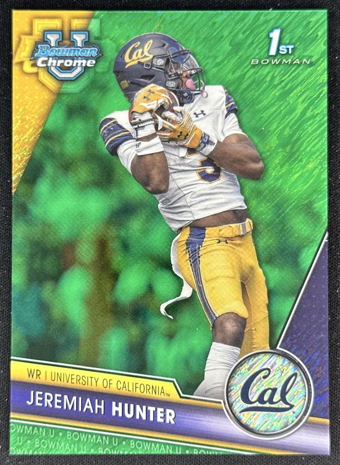 Jeremiah Hunter 2023 University Chrome Green Shimmer Refractor /99 Golden Bears front
