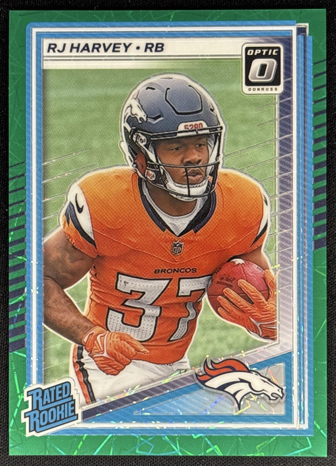 RJ Harvey 2025 Panini Donruss Optic Rated Rookie Green Velocity Prizm Broncos Sports Trading Cards
