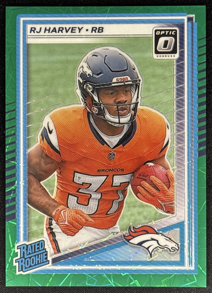 RJ Harvey 2025 Panini Donruss Optic Rated Rookie Green Velocity Prizm Broncos Sports Trading Cards