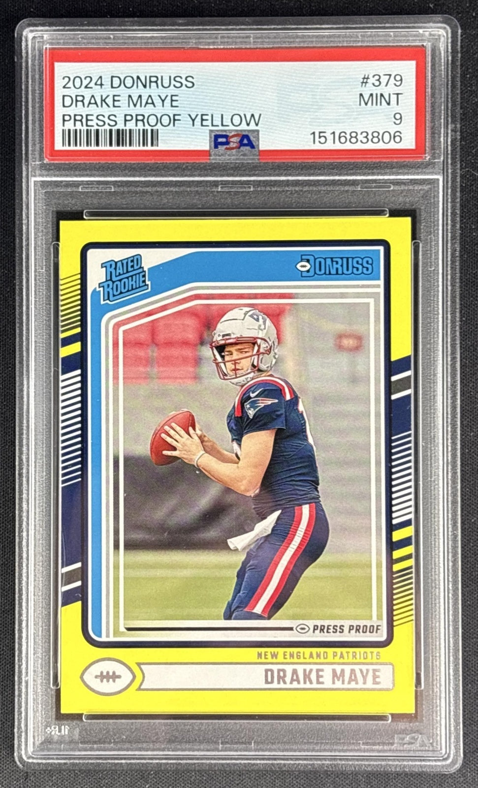 Drake Maye 2024 Panini Donruss Press Proof Yellow PSA 9 Patriots 151683806 front