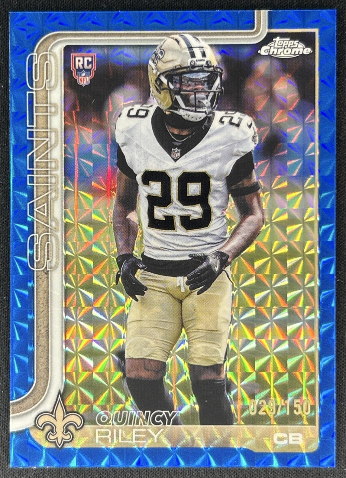 Quincy Riley 2025 Topps Chrome Rookie Blue Geometric Refractor /150 Saints front