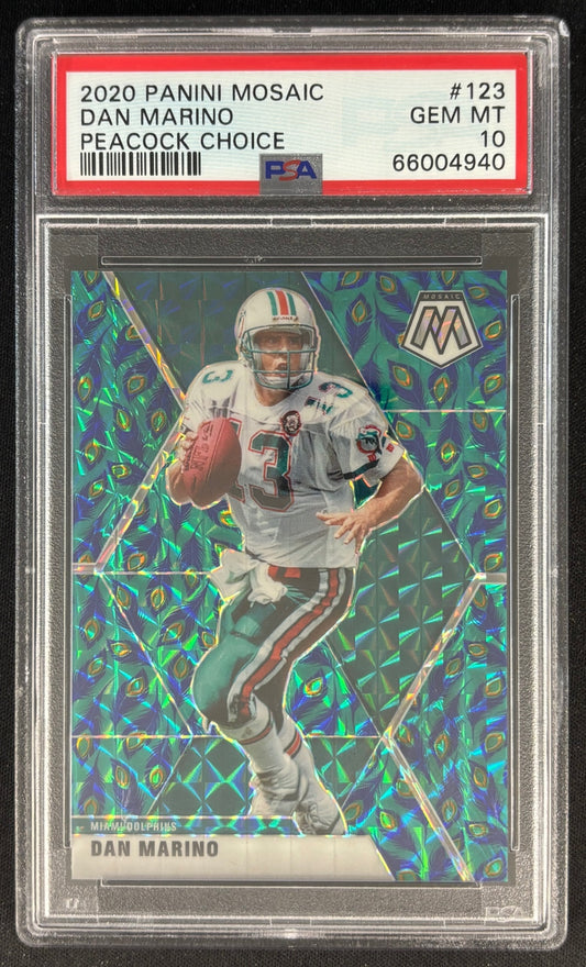 Dan Marino 2020 Mosaic Choice Prizm Peacock PSA 10 Dolphins - Front (Wayne Collection)