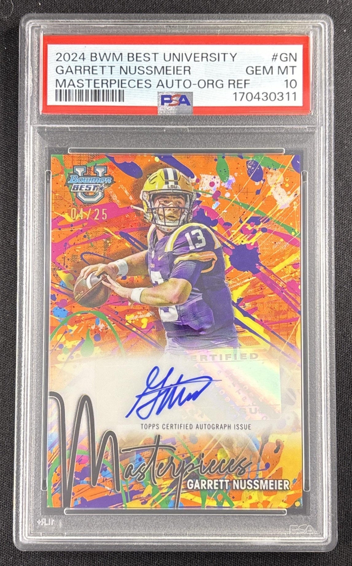 Garrett Nussmeier 2024 Bowman Best University Masterpieces Auto Orange Refractor /25 PSA 10 Tigers Sports Trading Card