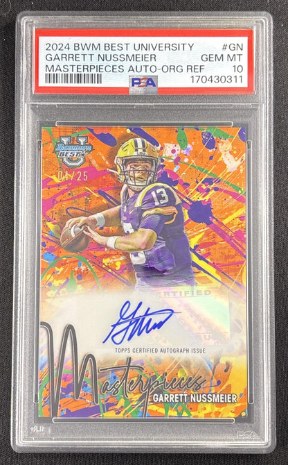 Garrett Nussmeier 2024 Bowman Best University Masterpieces Auto Orange Refractor /25 PSA 10 Tigers Sports Trading Card