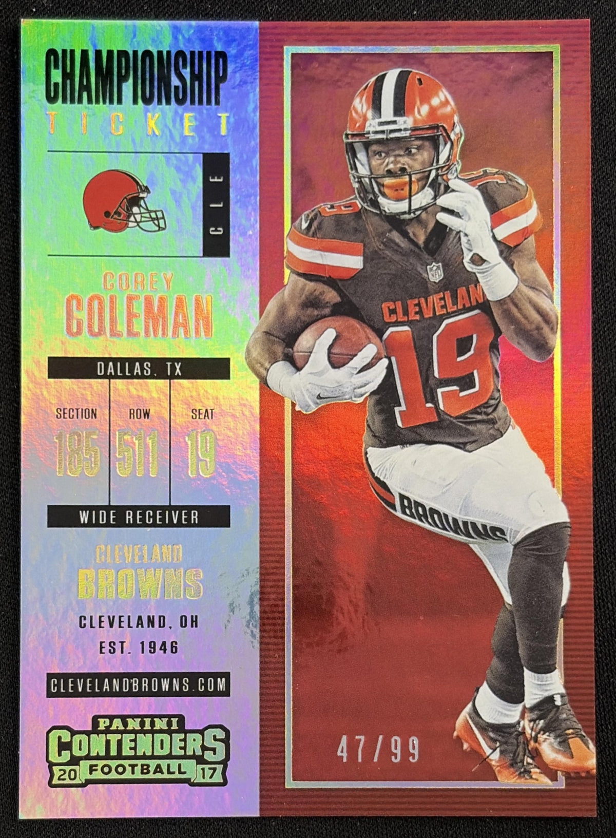 Front of Corey Coleman 2017 Panini Contenders Championship Ticket /99 Browns sports trading card
