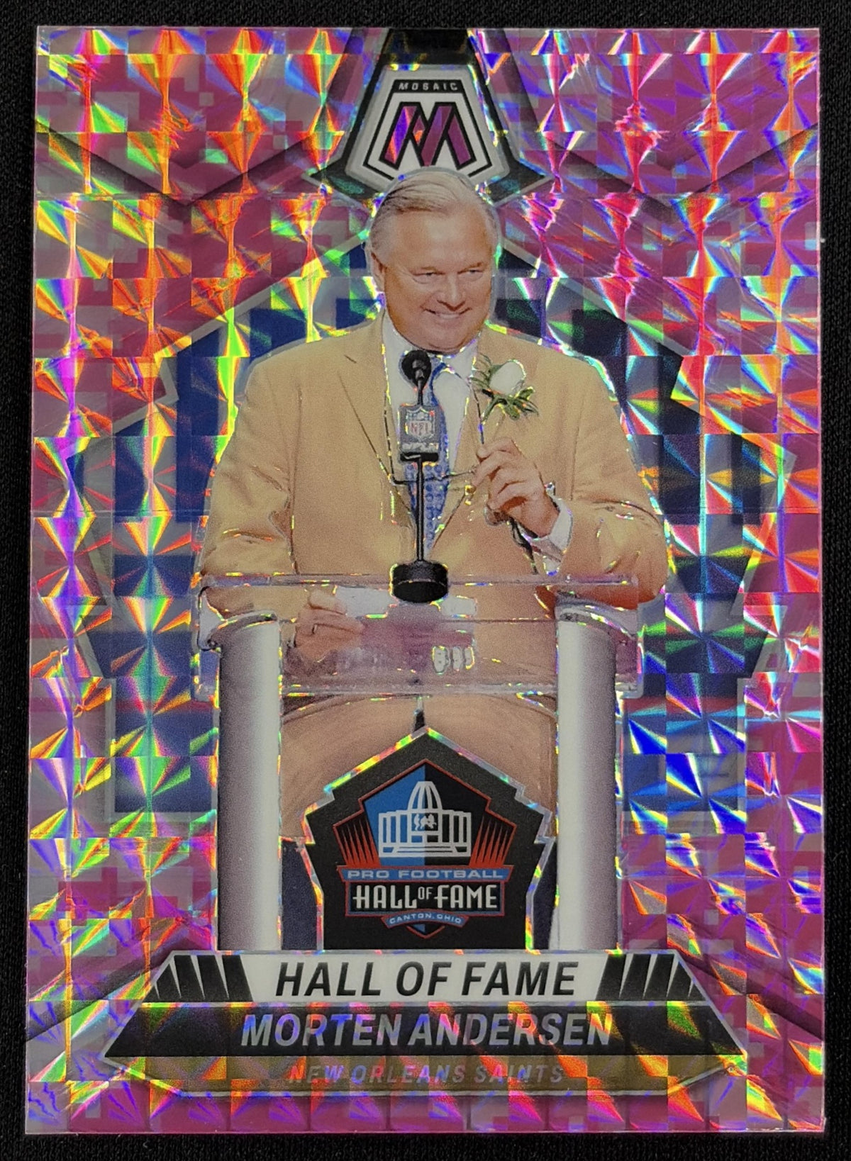 Front of Morten Andersen 2024 Panini Mosaic Camo Pink Prizm Saints sports trading card