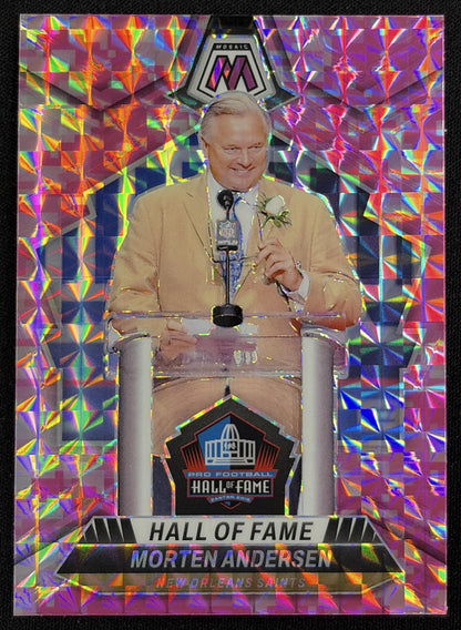 Front of Morten Andersen 2024 Panini Mosaic Camo Pink Prizm Saints sports trading card