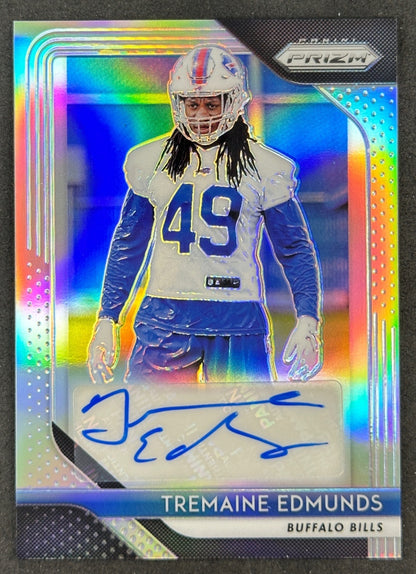 Front of Tremaine Edmunds 2018 Prizm Rookie Auto Silver Bills sports trading card