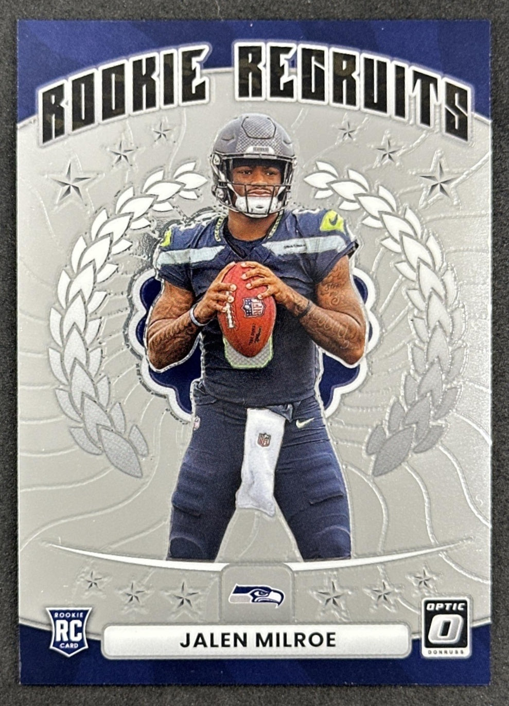 Jalen Milroe 2025 Panini Donruss Optic Rookie Recruits Seahawks front sports trading card