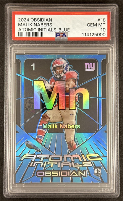 Malik Nabers 2024 Panini Obsidian Atomic Initials Blue /25 PSA 10