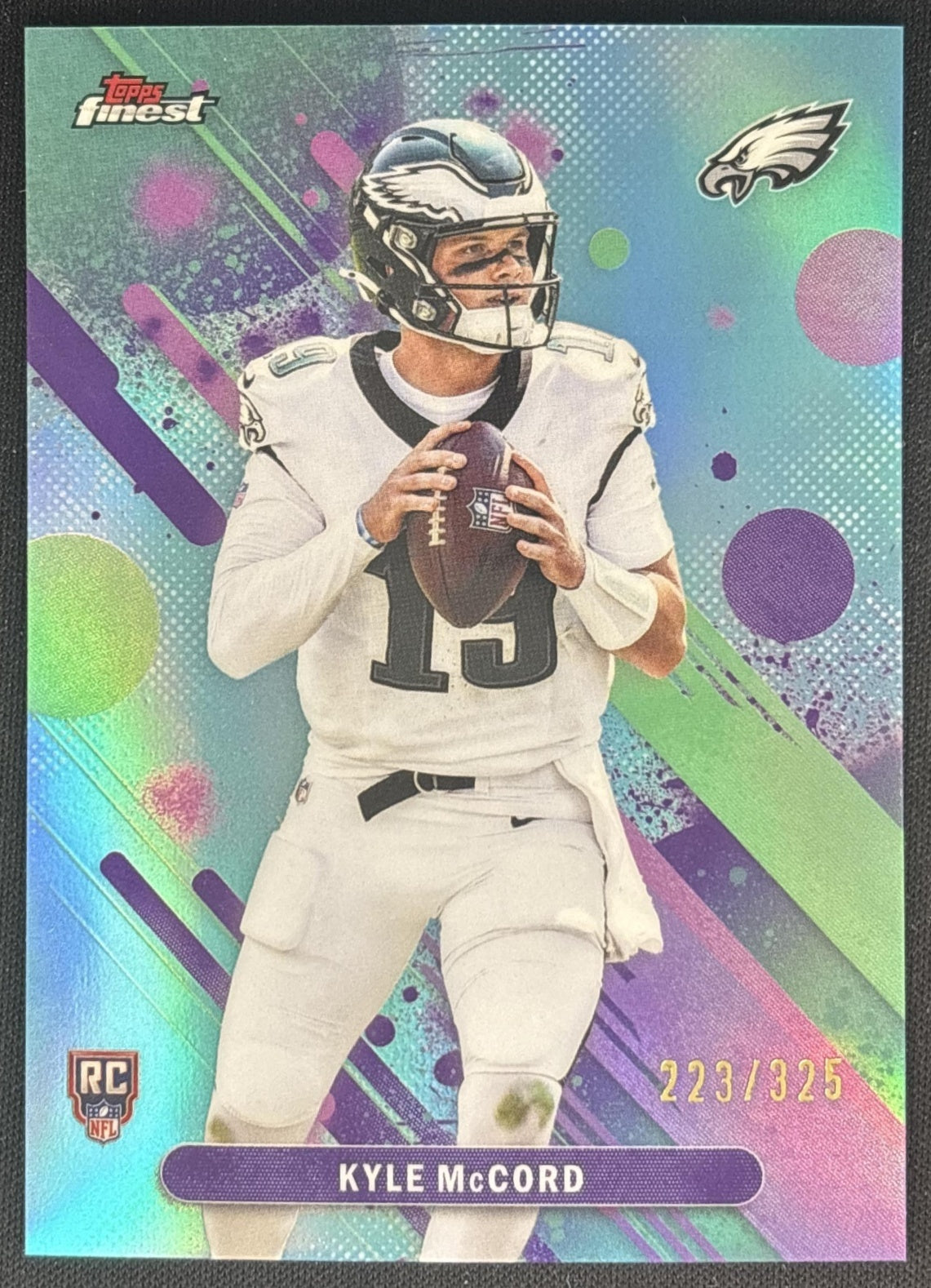 Kyle McCord 2025 Topps Finest Sky Blue Refractor /325 Eagles front