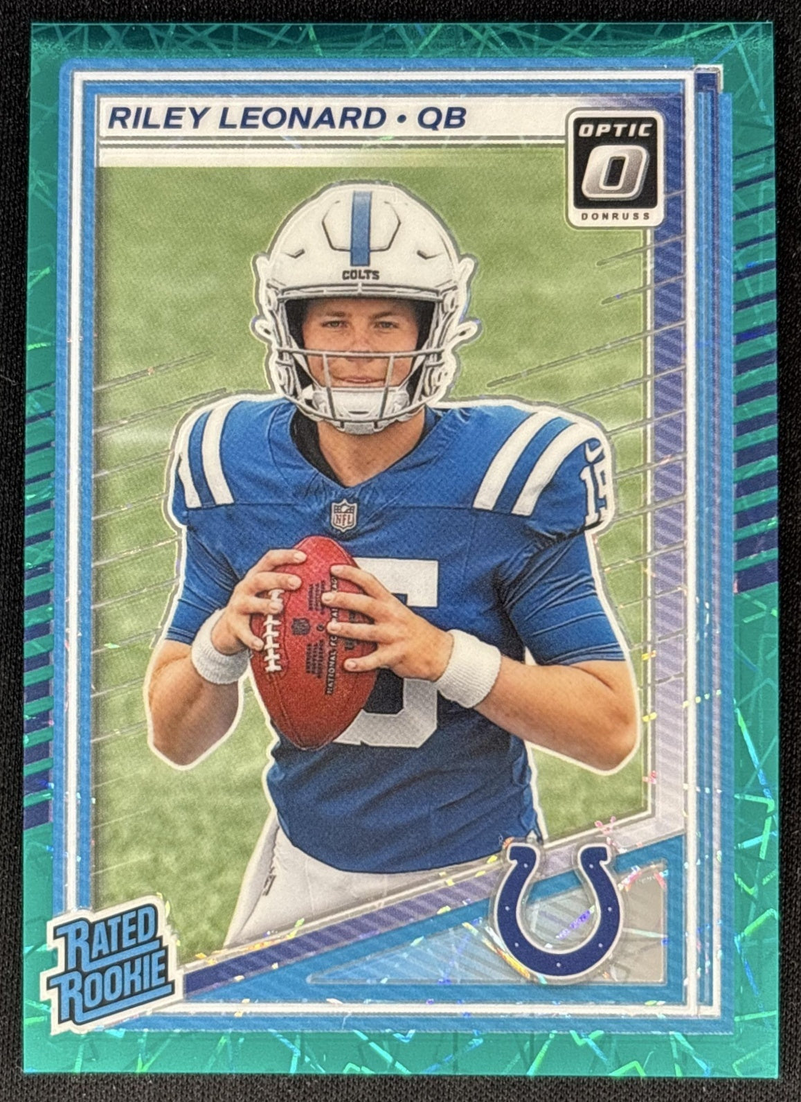 Riley Leonard 2025 Panini Donruss Optic Rated Rookie Teal Velocity Prizm Colts front