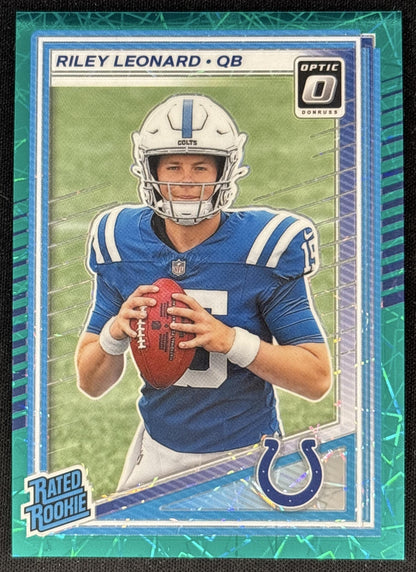 Riley Leonard 2025 Panini Donruss Optic Rated Rookie Teal Velocity Prizm Colts front