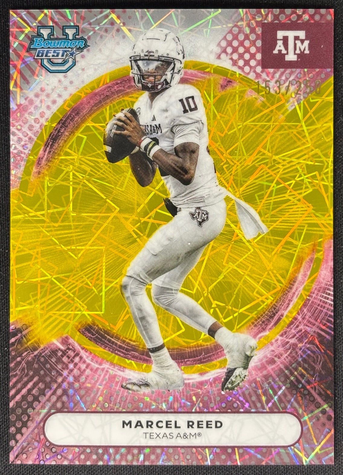 Marcel Reed 2025 Best University Yellow Lazer Refractor /250 Aggies - Front
