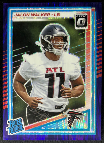 Front of Jalon Walker 2025 Donruss Optic Rated Rookie Purple Shock Prizm Falcons Atlanta Falcons