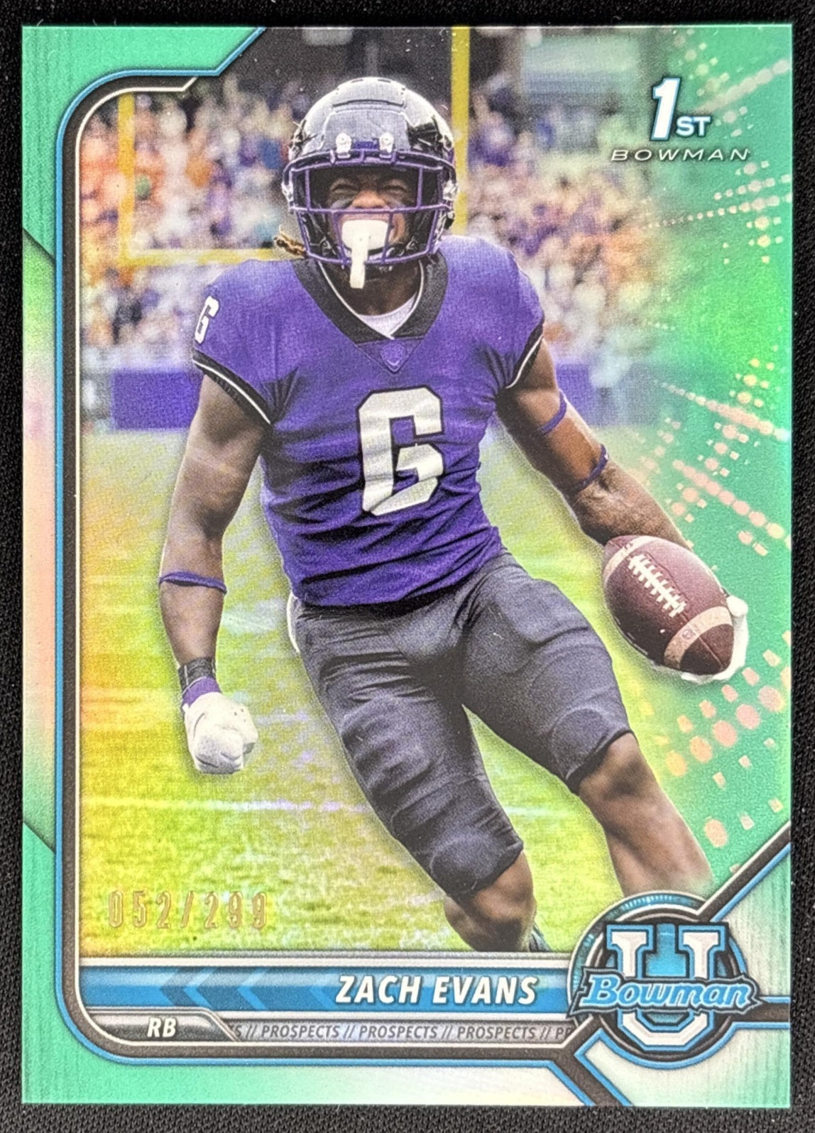 Zach Evans 2021 Bowman University Chrome Aqua /299 Horned Frogs front