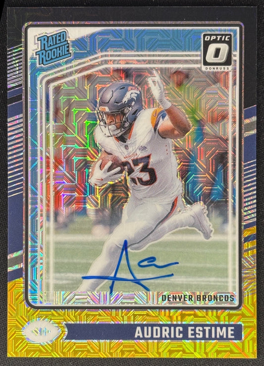 Audric Estime 2024 Donruss Optic Rated Rookie RPS Auto Choice Black Gold /60 Broncos - front image
