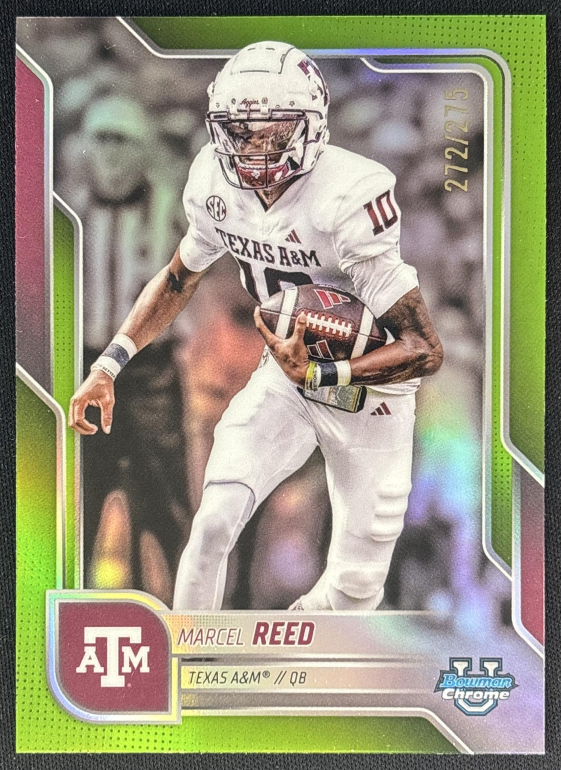Marcel Reed 2025 Chrome University Prospects Lime Green Refractor /275 Aggies front