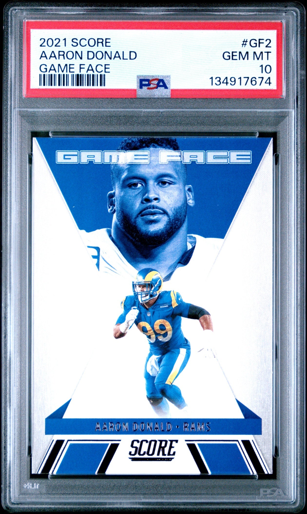 Aaron Donald 2021 Panini Score Game Face PSA 10 Rams front