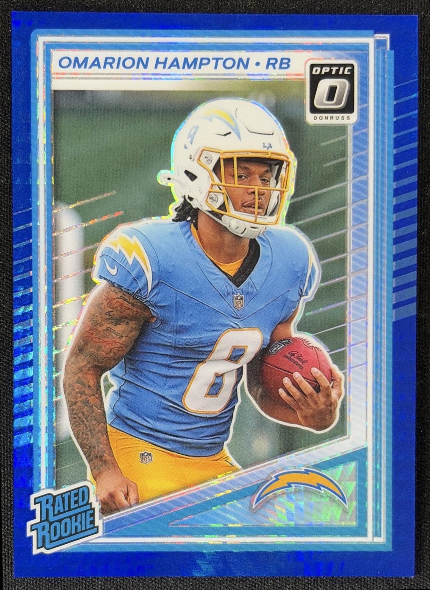 Omarion Hampton 2025 Panini Donruss Optic Rated Rookie Blue Hyper Prizm Chargers front