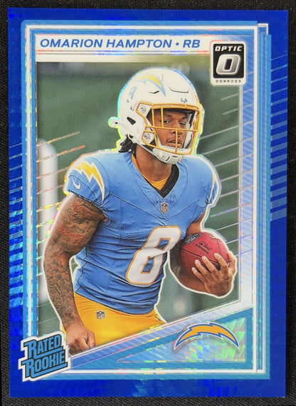 Omarion Hampton 2025 Panini Donruss Optic Rated Rookie Blue Hyper Prizm Chargers front