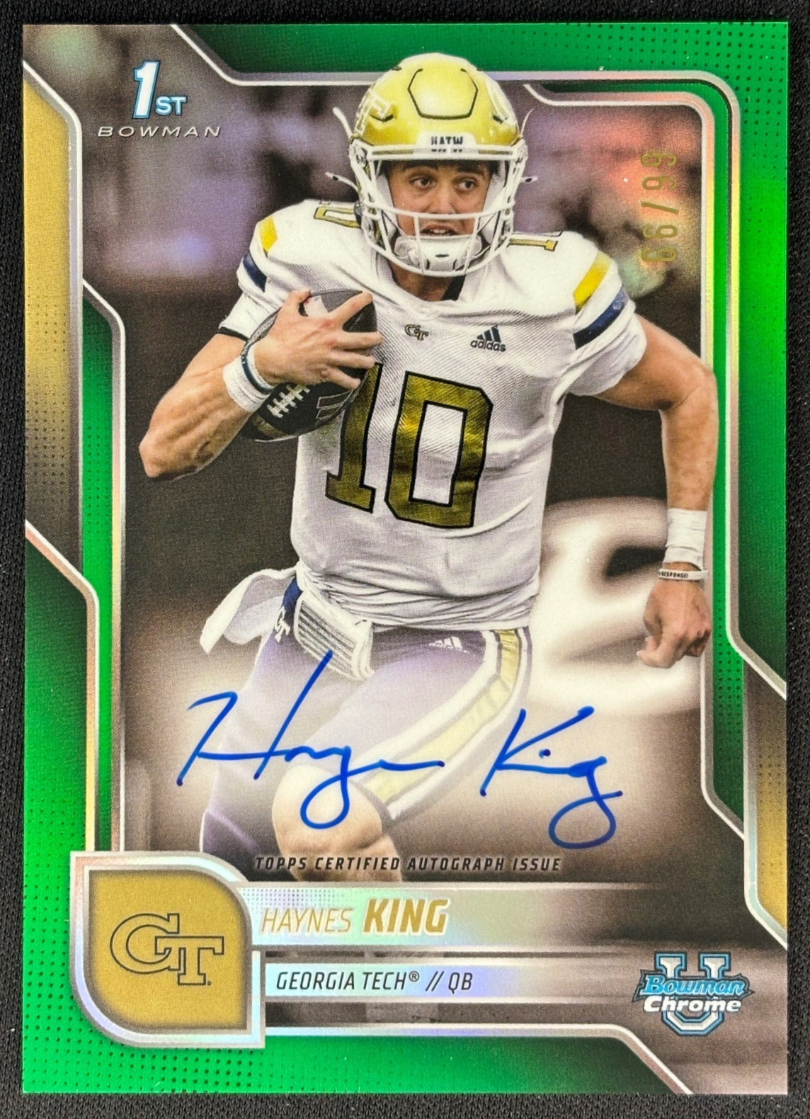 Haynes King 2025 Chrome University Prospect Auto Green Refractor /99 Yellow Jackets - Front (Wayne Collection)