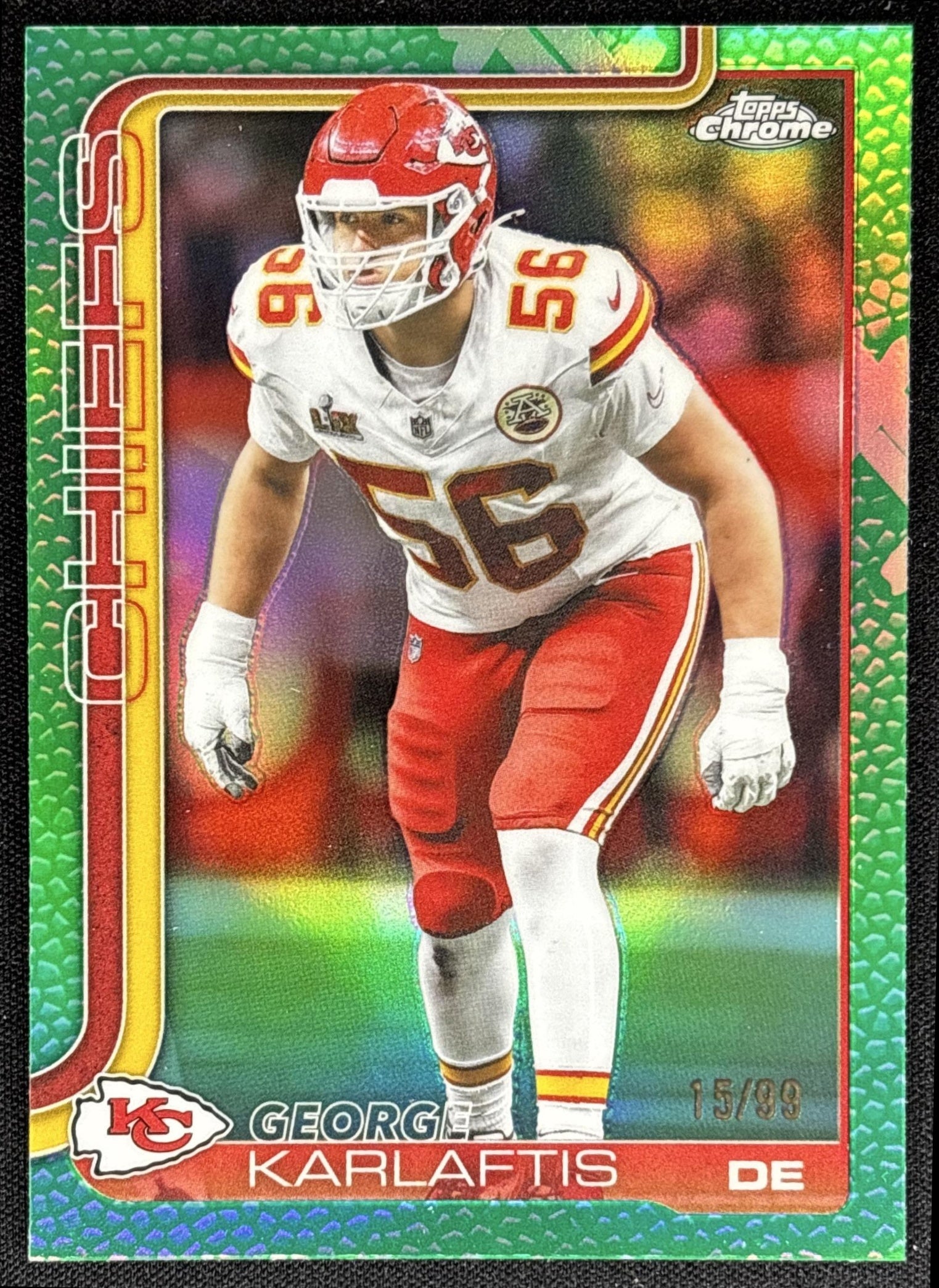 George Karlaftis 2025 Topps Chrome Football Leather Green Refractor /99 Chiefs