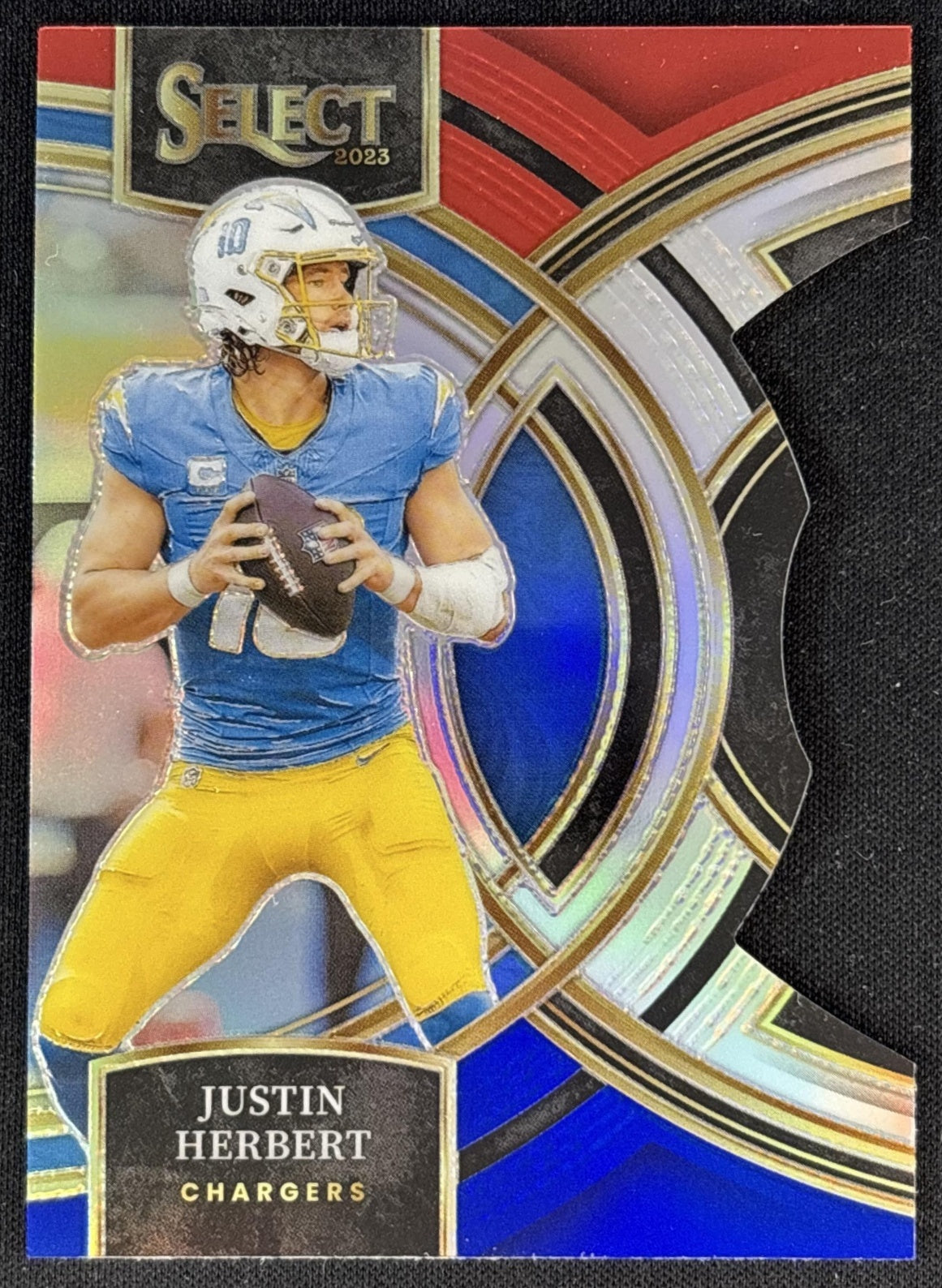 Justin Herbert 2023 Panini Select Red and Blue Prizms Die Cut Chargers