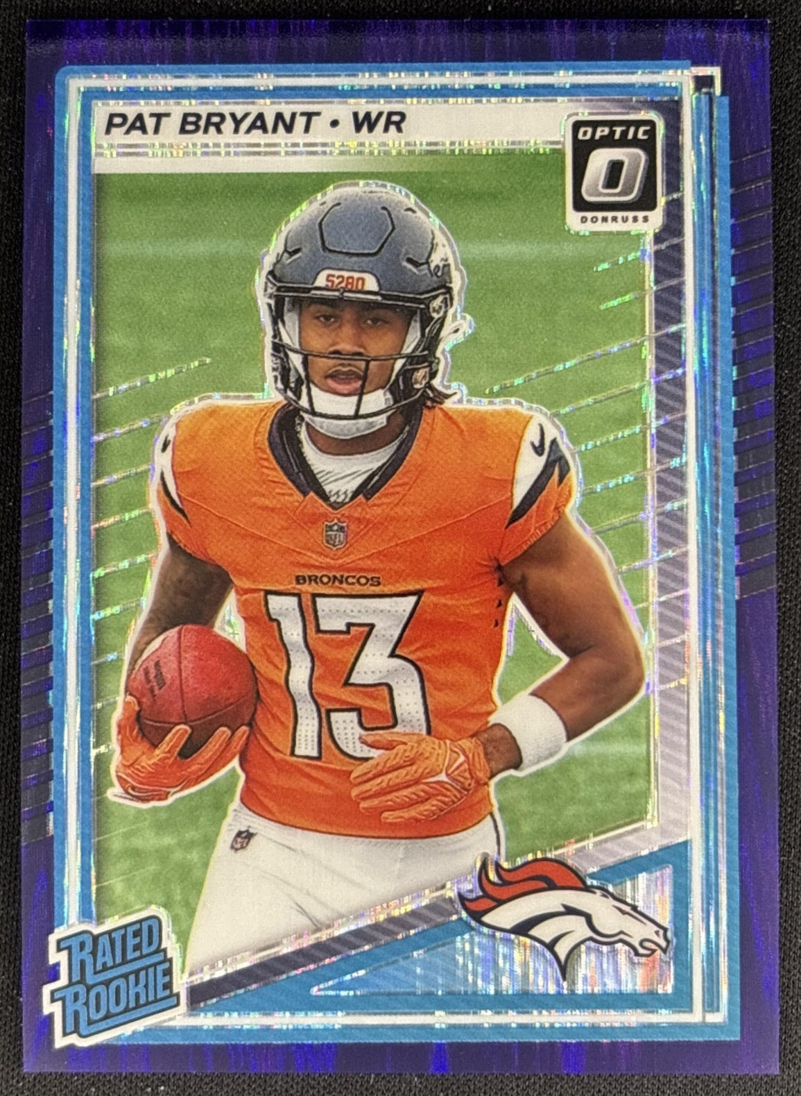 Pat Bryant 2025 Panini Donruss Optic Rated Rookie Purple Shock Prizm Broncos front