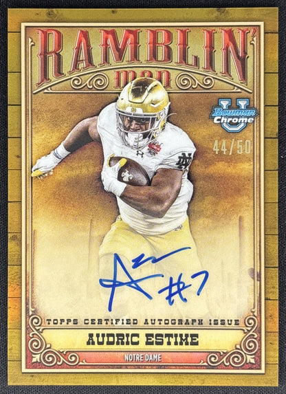 Audric Estime 2023 University Chrome Ramblin' Man Auto Gold Refractor /50 Fighting Irish front