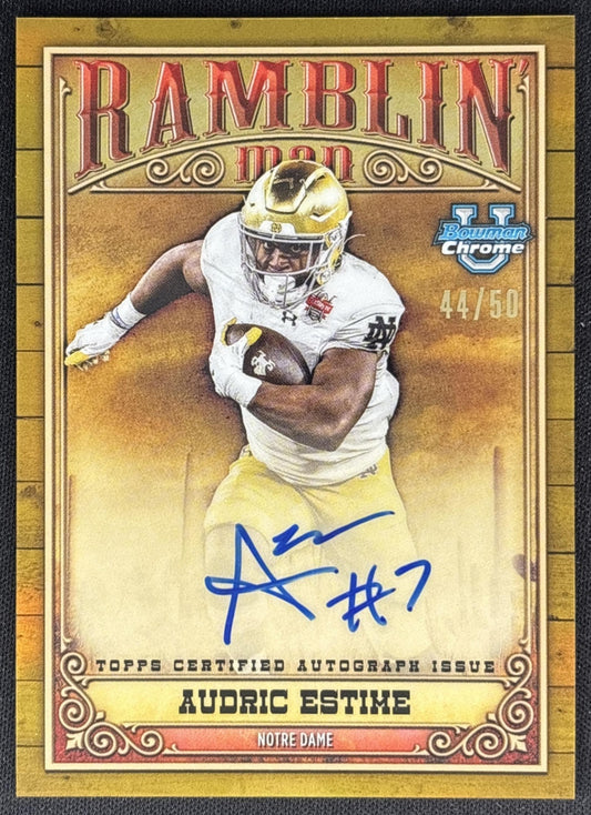 Audric Estime 2023 University Chrome Ramblin' Man Auto Gold Refractor /50 Fighting Irish front