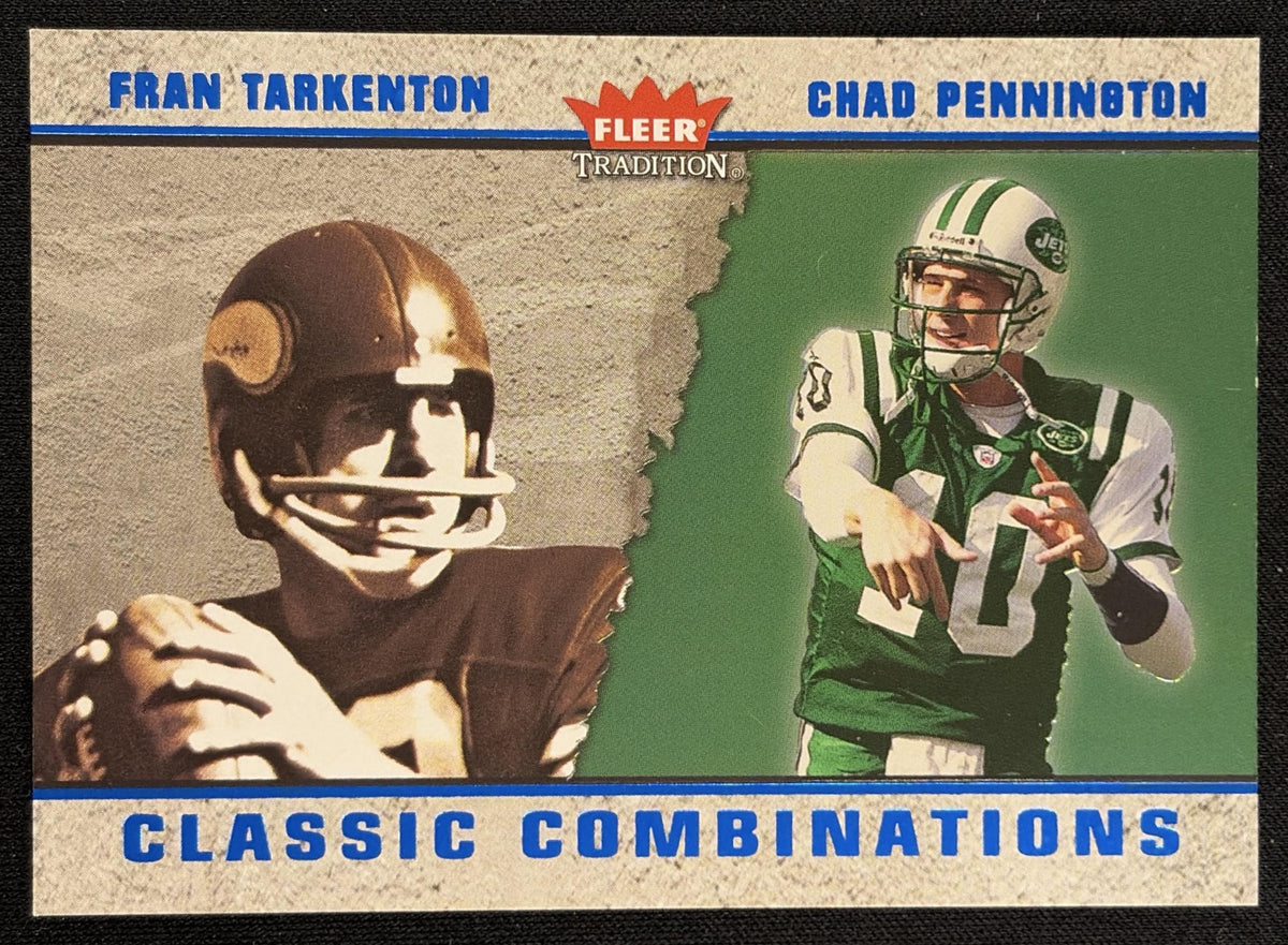 Fran Tarkenton Chad Pennington 2003 Fleer Tradition Classic Combinations Blue /1500 Bills sports trading card front
