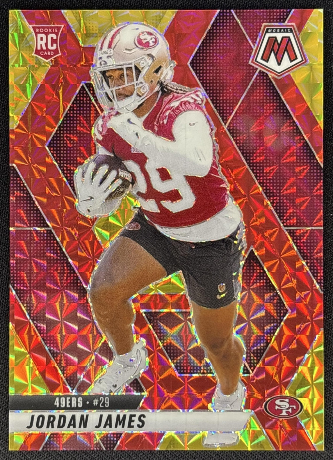 Jordan James 2025 Mosaic Rookies Choice Fusion Red & Yellow Prizm /89 49ers Sports Trading Cards