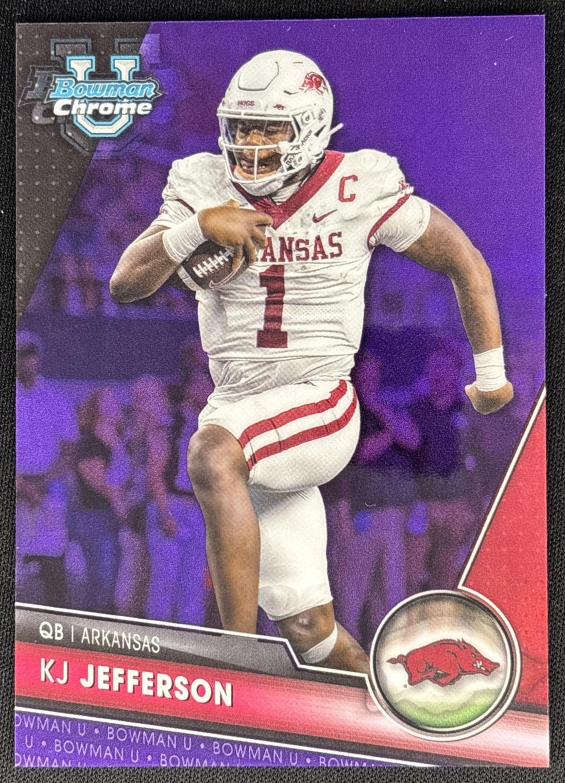 KJ Jefferson 2023 Bowman University Chrome Purple Refractor /399 Razorbacks front