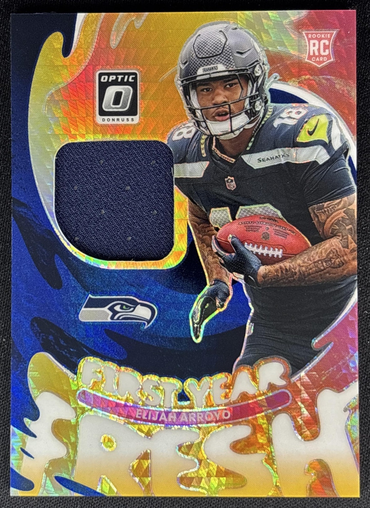 Elijah Arroyo 2025 Donruss Optic First Year Fresh Blue Hyper Prizm Seahawks