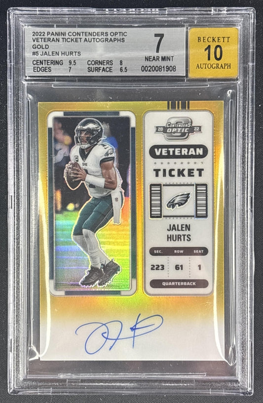 Jalen Hurts 2022 Contenders Optic Veteran Ticket Auto Gold /10 Eagles BGS 7 Auto 10 Beckett Sports Trading Cards