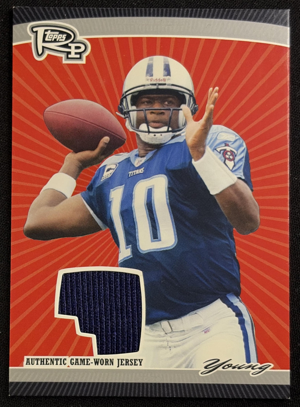 Front of Vince Young 2008 Topps Rookie Progression Game Worn Jerseys Silver /179 Titans sports trading card