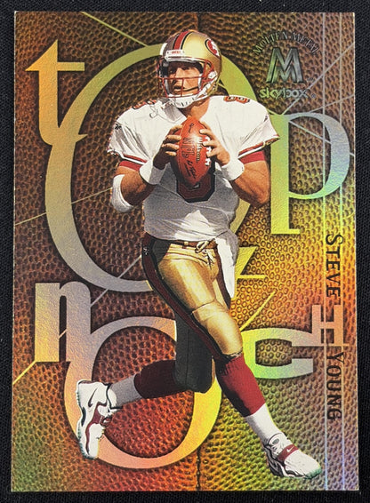 Front of Steve Young 1999 Skybox Molten Metal Top Notch Gold 49ers sports trading card