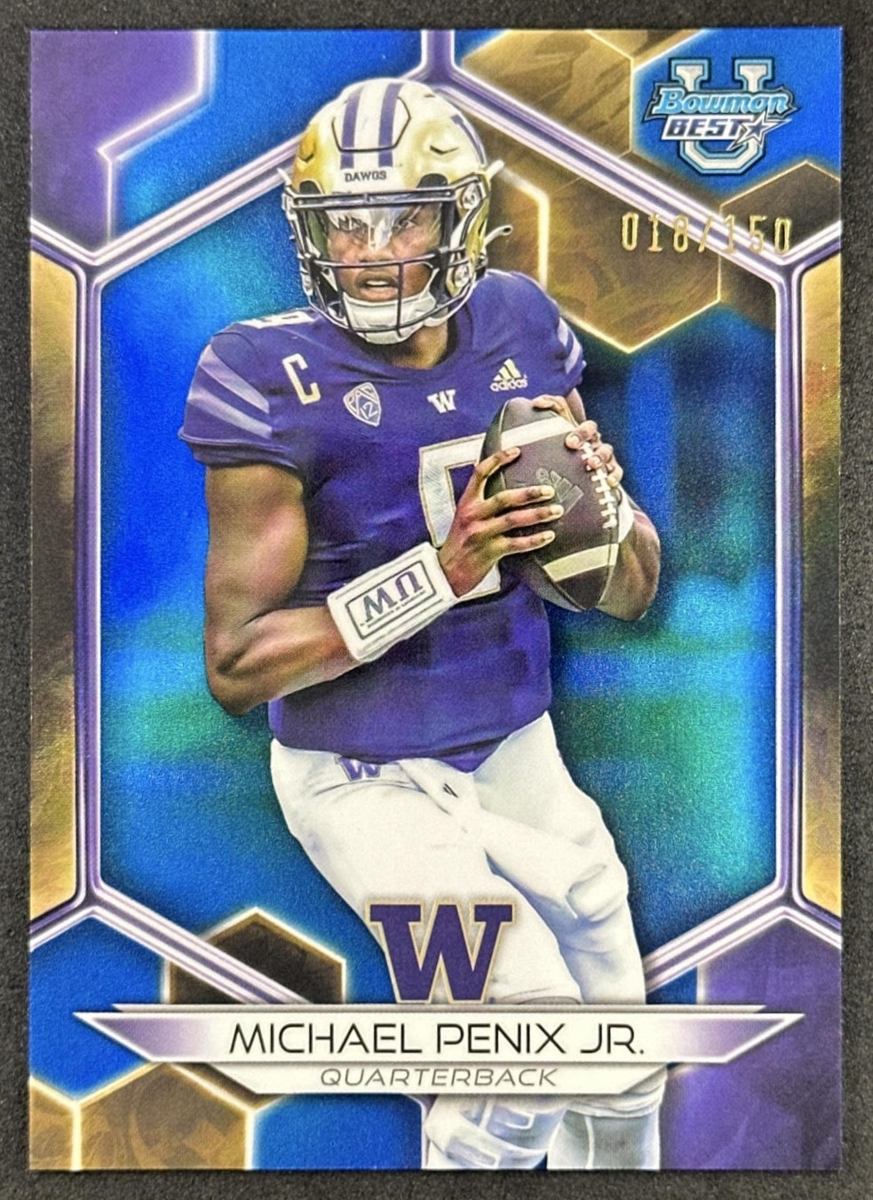 Michael Penix Jr. 2023 Bowman University Best Blue Refractor /150 Huskies Falcons front