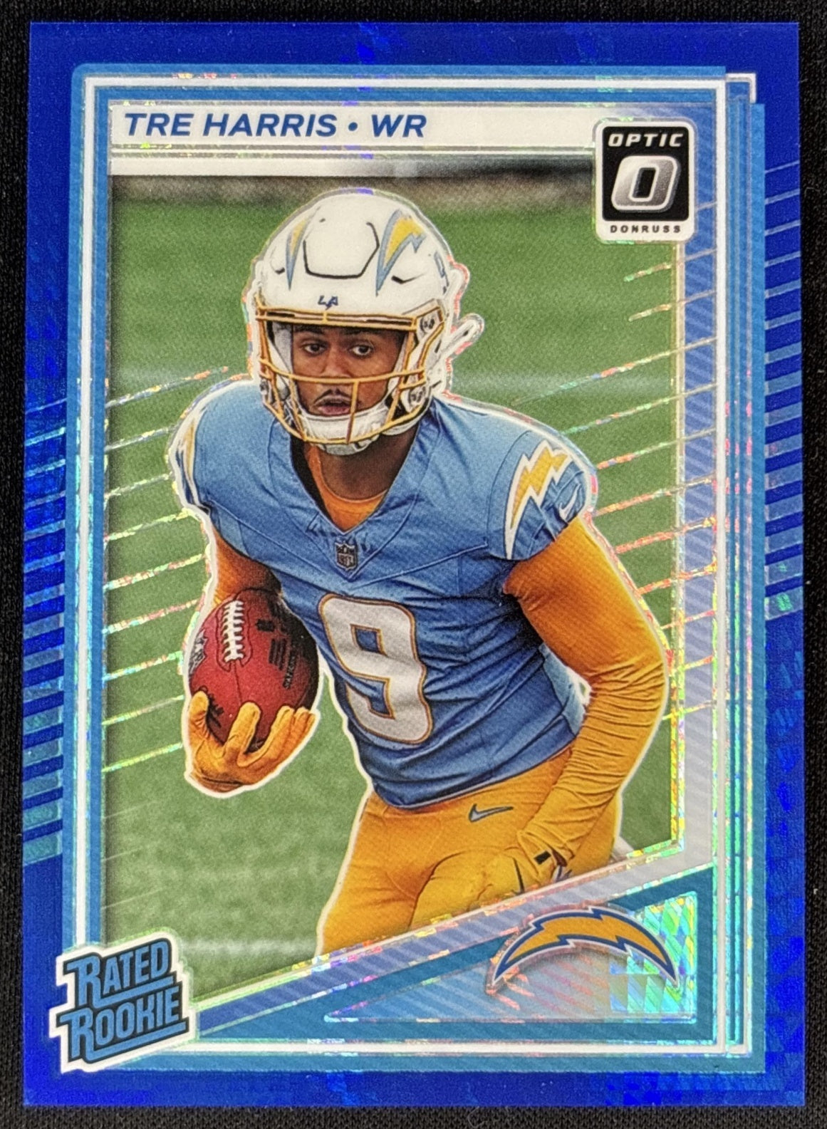 Tre Harris 2025 Panini Donruss Optic Rated Rookie Blue Hyper Prizm Chargers