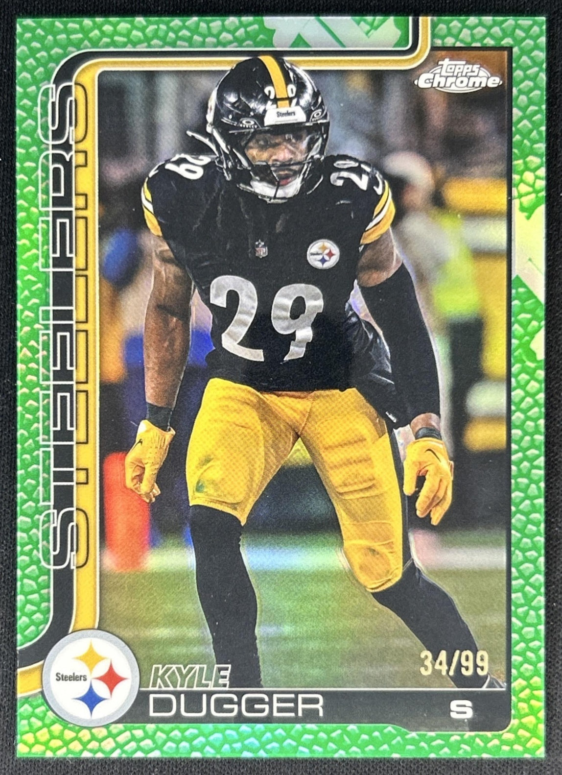 Kyle Dugger 2025 Topps Chrome Football Leather Green Refractor /99 Steelers front
