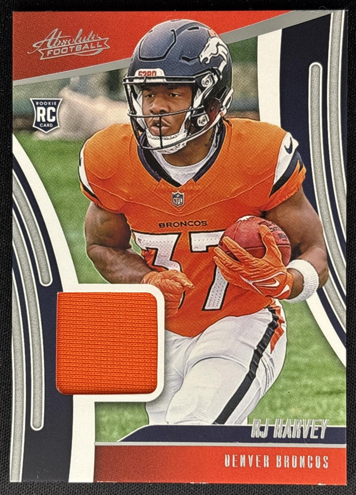 RJ Harvey 2025 Panini Absolute Rookie Materials Broncos front