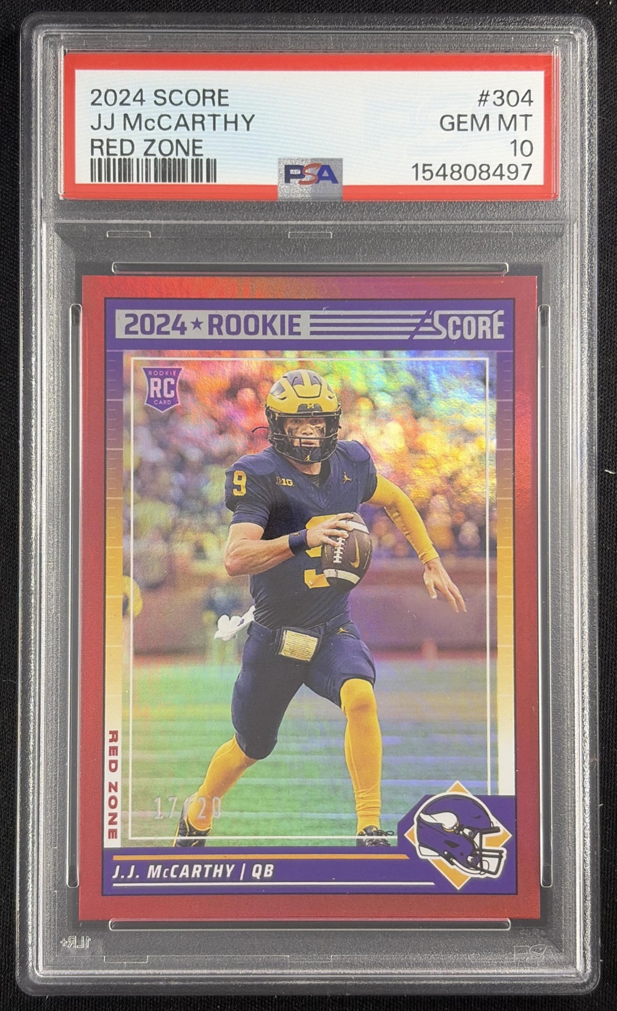 J.J. McCarthy 2024 Panini Score Red Zone /20 PSA 10 Vikings