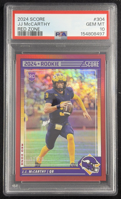 J.J. McCarthy 2024 Panini Score Red Zone /20 PSA 10 Vikings