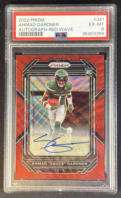 Ahmad "Sauce" Gardner 2022 Panini Prizm Rookie Auto Red Wave /149 PSA 6 Jets Football Cards