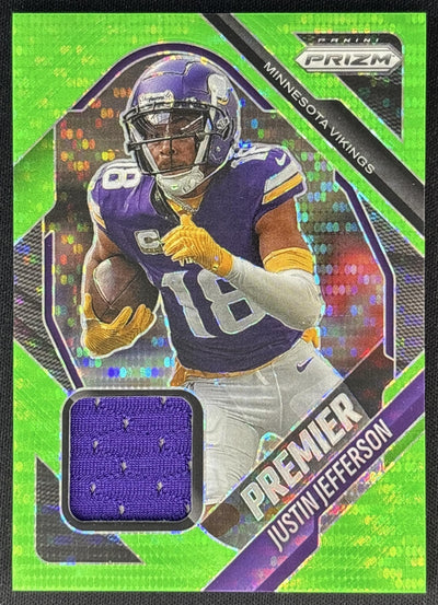 Justin Jefferson 2025 Panini Prizm Premier Jerseys Neon Green Pulsar Vikings front