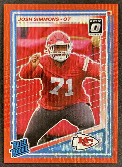 Josh Simmons 2025 Panini Donruss Optic Rated Rookie Preview Red Wave Chiefs front sports trading card